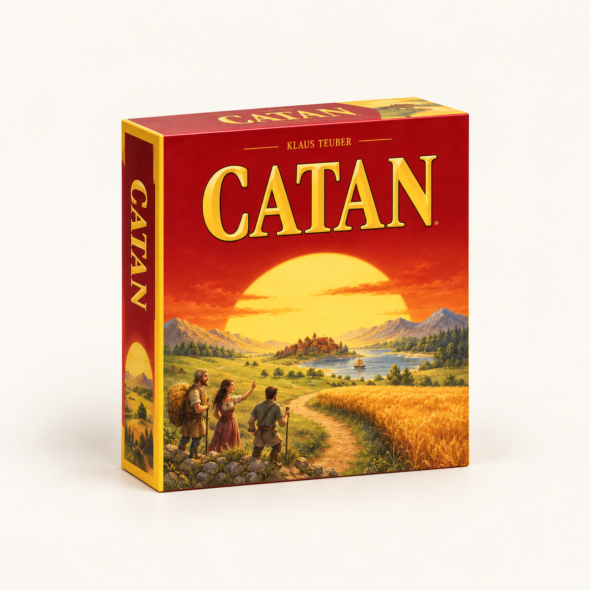 CATAN juego base en inglés, caja orientada hacia la derecha sobre fondo crema