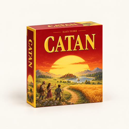CATAN juego base en inglés, caja orientada hacia la derecha sobre fondo crema