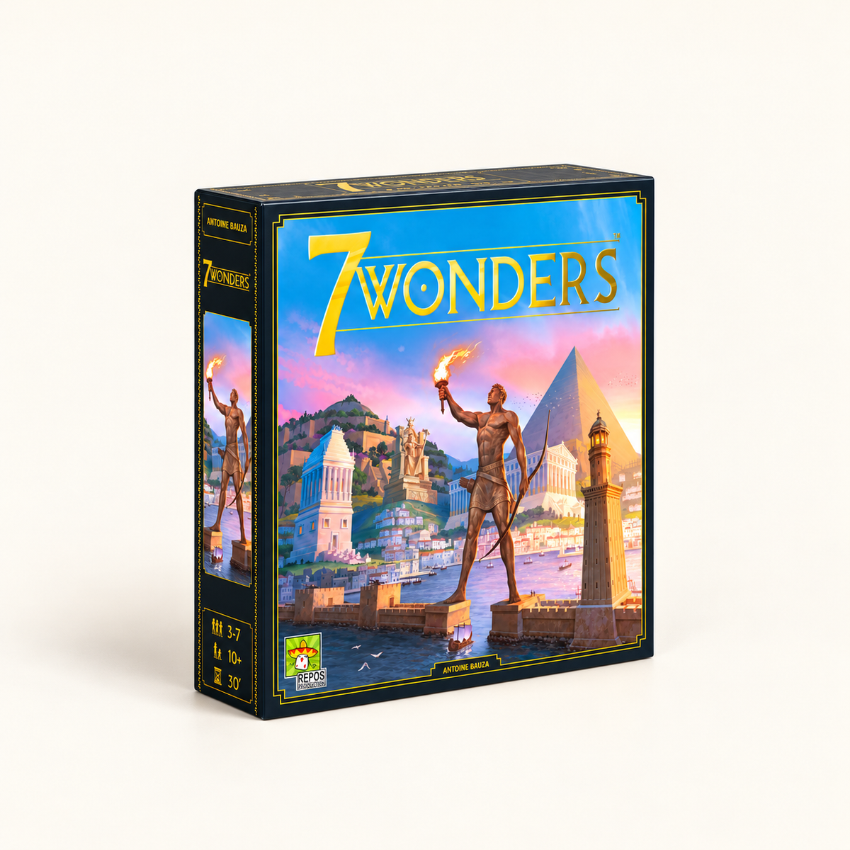 7 Wonders juego base en inglés, caja orientada hacia la derecha sobre fondo crema